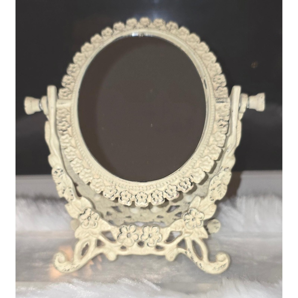 Vintage Ornate Metal Swivel Vanity Mirror - Shabby Chic Floral Design